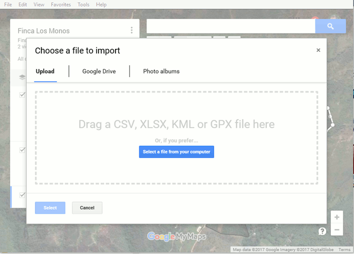 Google My Maps import window